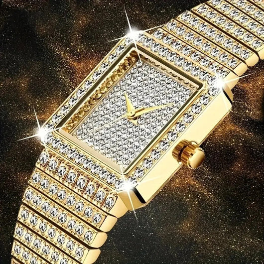 Luxury Women's Stainless Steel Rhinestone Watch - Square Shape, Waterproof & Iced Out