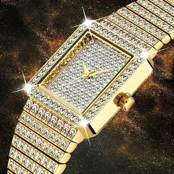 Luxury Women's Stainless Steel Rhinestone Watch - Square Shape, Waterproof & Iced Out