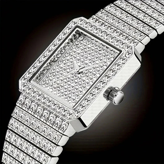 Luxury Women's Stainless Steel Rhinestone Watch - Square Shape, Waterproof & Iced Out