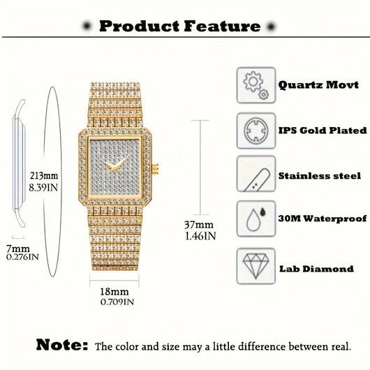 Luxury Women's Stainless Steel Rhinestone Watch - Square Shape, Waterproof & Iced Out