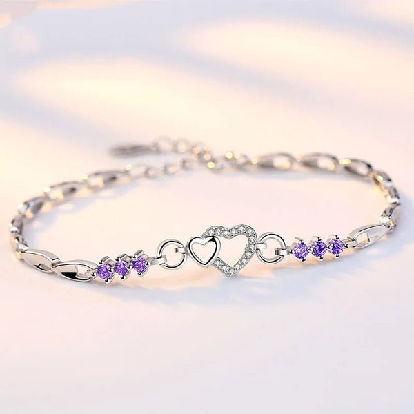 925 Sterling Silver Bracelet with Purple Zircon Heart Romantic Charm for Women - Dahab'sCO