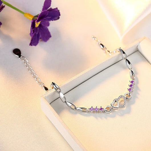 925 Sterling Silver Bracelet with Purple Zircon Heart Romantic Charm for Women - Dahab'sCO