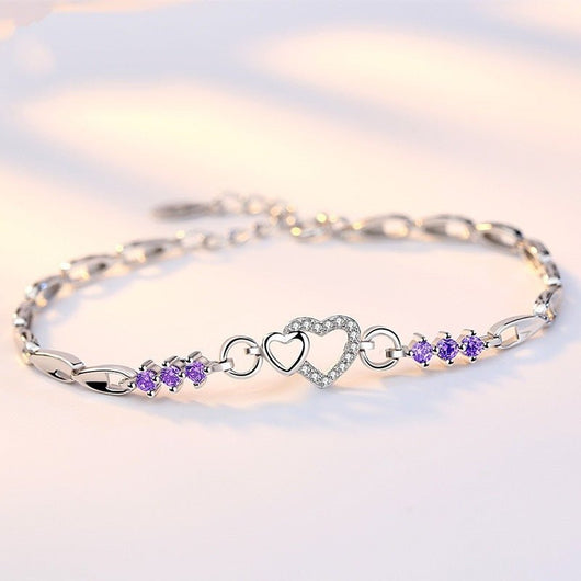 925 Sterling Silver Bracelet with Purple Zircon Heart Romantic Charm for Women - Dahab'sCO