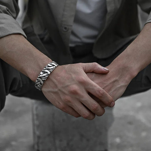 925 Sterling Silver Punk Wide Geometric Bangle Bracelet for Men - Dahab'sCO