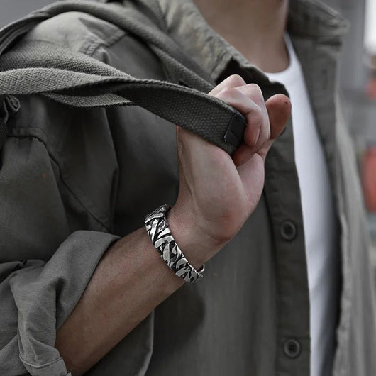 925 Sterling Silver Punk Wide Geometric Bangle Bracelet for Men - Dahab'sCO