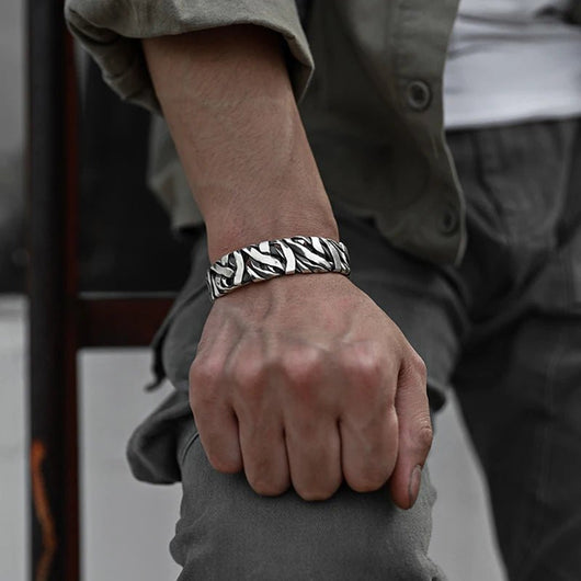 925 Sterling Silver Punk Wide Geometric Bangle Bracelet for Men Women - Dahab'sCO