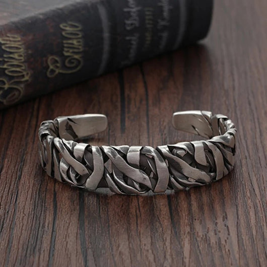 925 Sterling Silver Punk Wide Geometric Bangle Bracelet for Men Women - Dahab'sCO