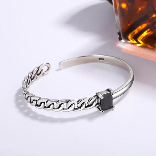 925 Sterling Silver Punk Wide Geometric Bangle Bracelet for Men Women - Dahab'sCO