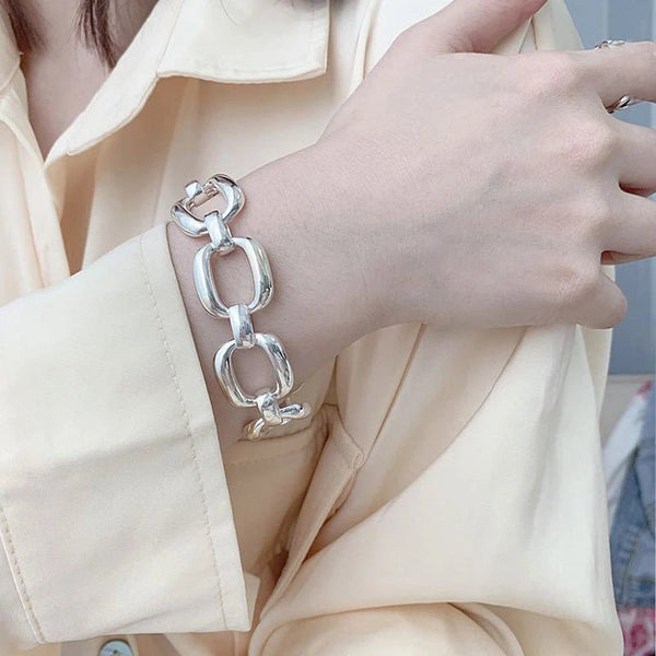 925 Sterling Silver Punk Wide Geometric Bangle Bracelet for Men Women - Dahab'sCO