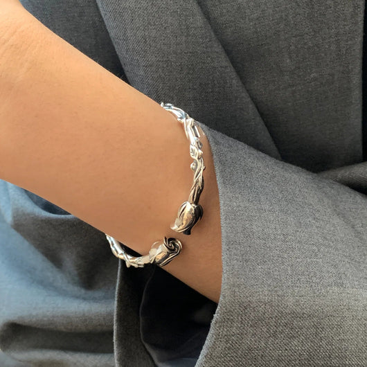 925 Sterling Silver Punk Wide Geometric Bangle Bracelet for Men Women - Dahab'sCO