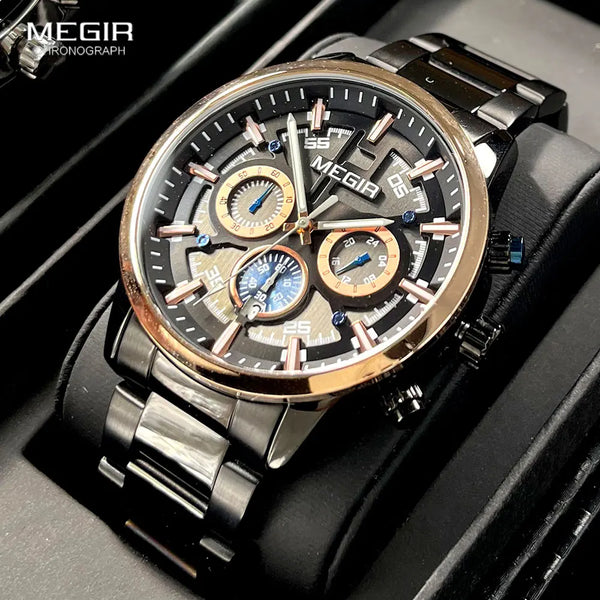 MEGIR Men's Formal Dress Watch Black Rose Gold Luminous Hands Chronograph