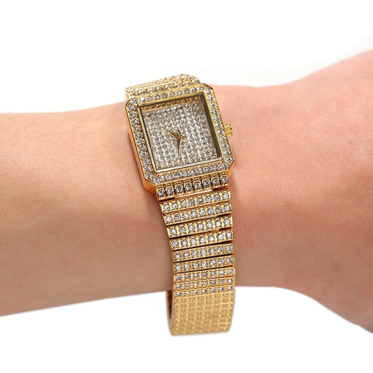 Luxury Women's Stainless Steel Rhinestone Watch - Square Shape, Waterproof & Iced Out