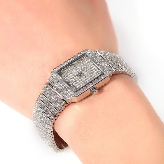 Luxury Women's Stainless Steel Rhinestone Watch - Square Shape, Waterproof & Iced Out