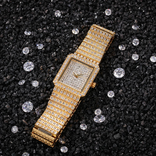 Luxury Women's Stainless Steel Rhinestone Watch - Square Shape, Waterproof & Iced Out