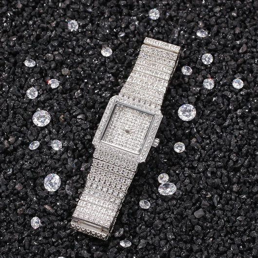 Luxury Women's Stainless Steel Rhinestone Watch - Square Shape, Waterproof & Iced Out