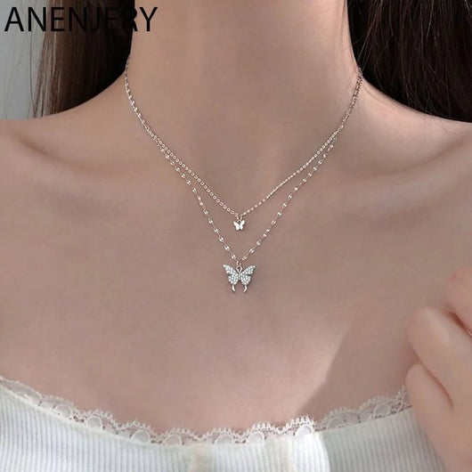 ANENJERY 925 Sterling Silver CZ Butterfly Necklace Double Layer Dainty Jewelry for Women - Dahab'sCO