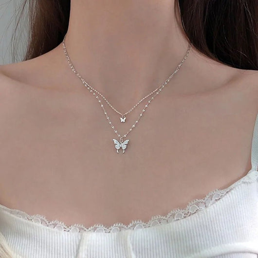 ANENJERY 925 Sterling Silver CZ Butterfly Necklace Double Layer Dainty Jewelry for Women - Dahab'sCO
