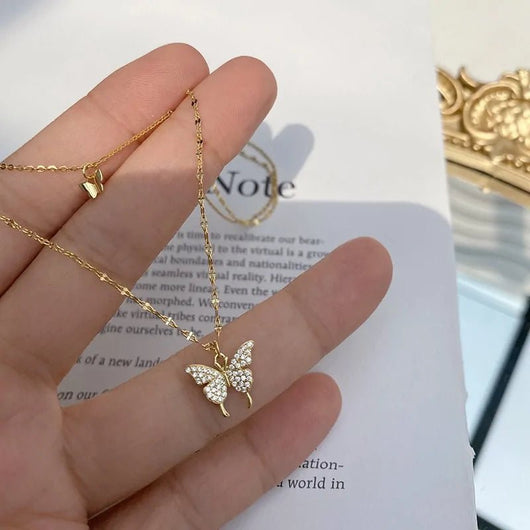 ANENJERY 925 Sterling Silver CZ Butterfly Necklace Double Layer Dainty Jewelry for Women - Dahab'sCO