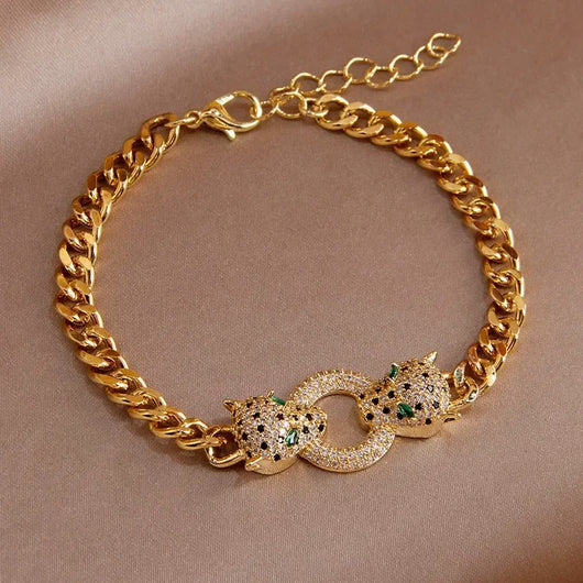 Crystal Double Leopard Head Charm Bracelet 18K Gold Plated Bracelets - Dahab'sCO