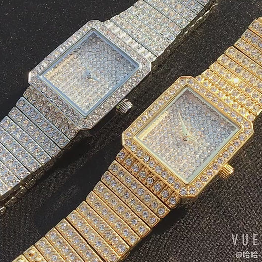 Luxury Women's Stainless Steel Rhinestone Watch - Square Shape, Waterproof & Iced Out